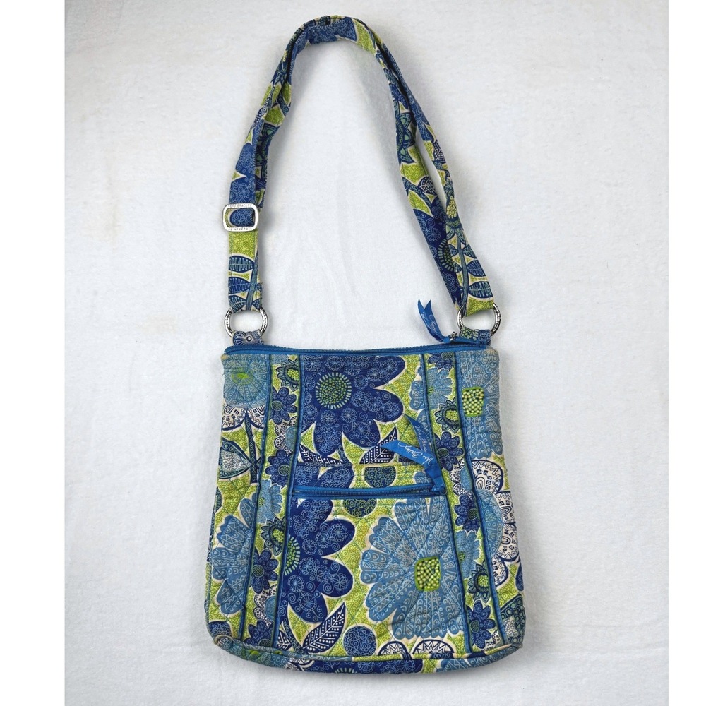 Vera Bradley Hipster Crossbody Bag Blue Green Floral Quilted Cotton Adjustable